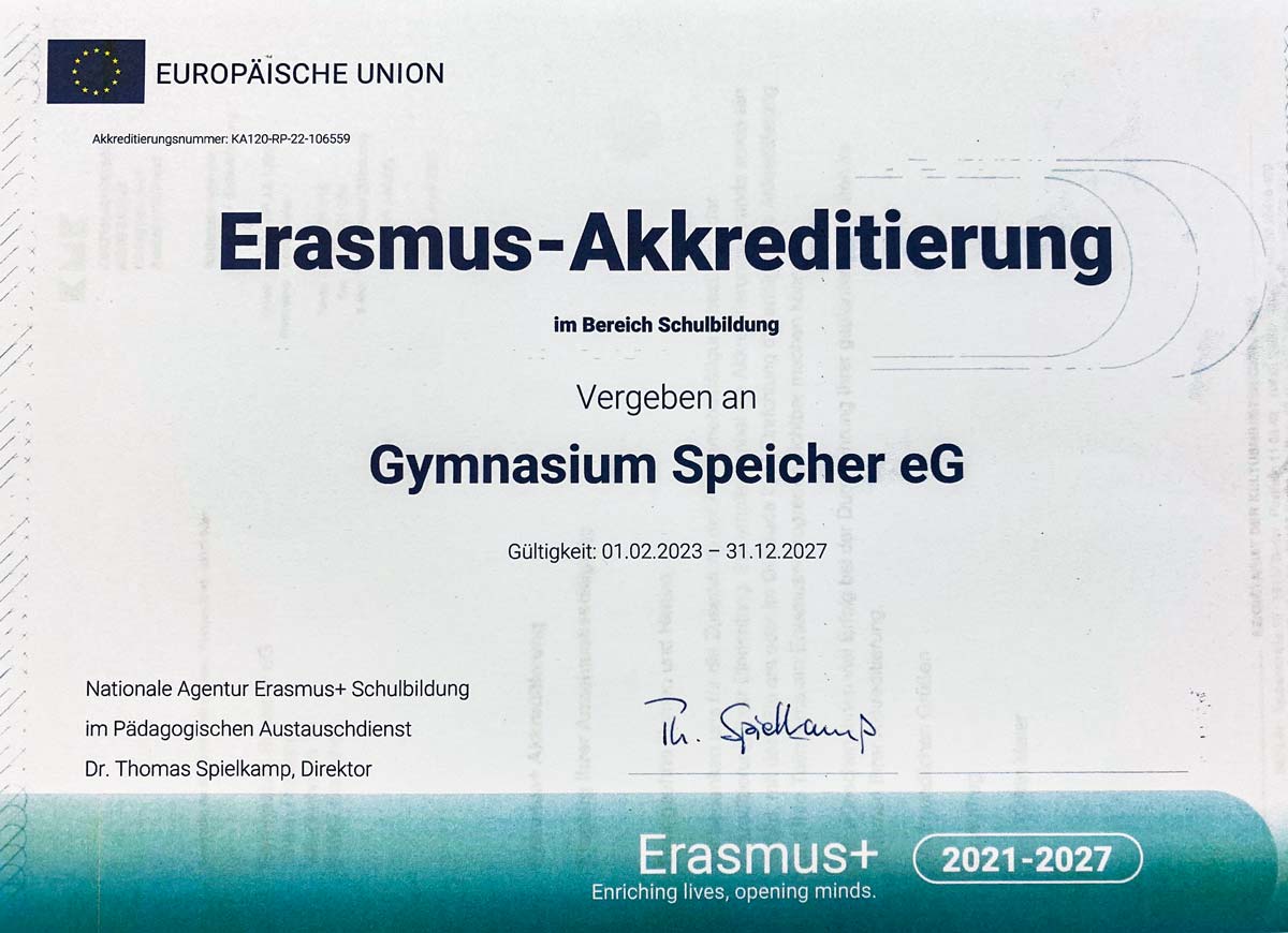 Akkreditierungsdokument vergeben an das Gymnasium Speicher von der Europäischen Union