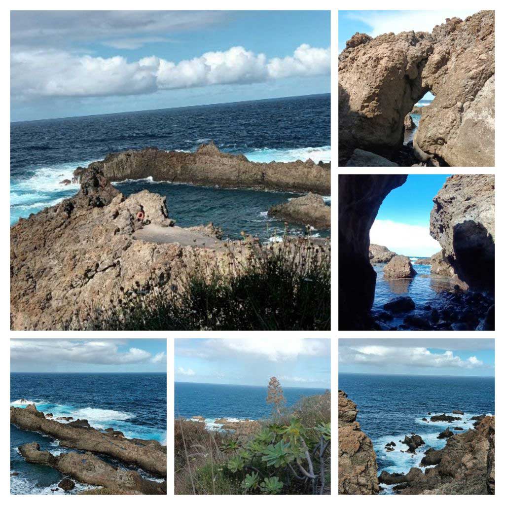 Kollage verschiedener Landschaftsbilder von Teneriffa mit Steinen, Küstenformationen, dem Meer und blauem Himmel