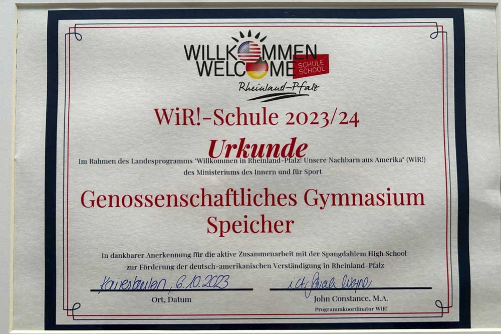 Urkunde des Gymnasium Speicher für die Auszeichnung als WiR Schule